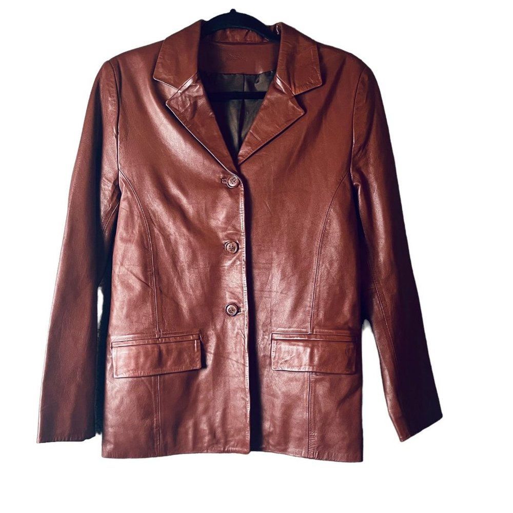 Vintage Womens Leather 3 Buttons Blazer Jacket Mid Length Lined Red Brown Sz 42